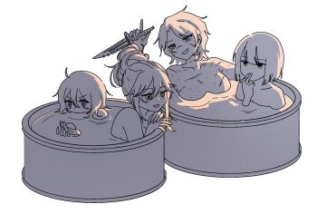 4girls ahoge barrel blue_archive blush breasts character_request collarbone combat_knife commentary curtained_hair don_quixote_(project_moon) expressionless greyscale hair_between_eyes hand_up heathcliff_(project_moon) holding holding_knife in_container knife leaning_forward leaning_on_object limbus_company looking_at_another medium_breasts mismatched_pupils monochrome multiple_girls ngancurindunia nude open_mouth partially_submerged project_moon ryoshu_(project_moon) same-sex_bathing scar scar_on_chest scar_on_face shared_bathing short_hair smile smoking v-shaped_eyebrows water weapon wet white_background