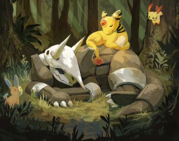 aggron ampharos andewitt claws closed_eyes closed_mouth forehead_jewel forest gen_2_pokemon gen_3_pokemon highres horns lying minun nature nintendo no_humans on_stomach outdoors plusle pokemon pokemon_(creature) pokemon_focus smile tail