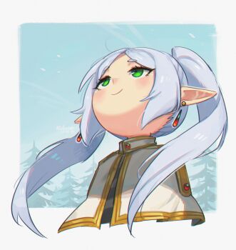 1girl capelet commentary cropped_torso day earrings elf english_commentary fir_tree forest frieren from_below green_eyes highres jewelry light_blush long_hair looking_up meme nature outdoors parted_bangs pointy_ears porforever smile solo sousou_no_frieren teardrop_earrings tree twintails upper_body upward_angle_frieren_drawing_(meme) white_capelet white_hair