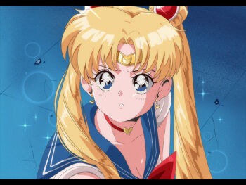 1990s_(style) 1girl bishoujo_senshi_sailor_moon blonde_hair blue_eyes blue_sailor_collar brenni_murasaki choker circlet cosplay crescent crescent_earrings double_bun earrings hair_bun heart heart_choker jewelry long_hair magical_girl meme red_choker retro_artstyle sailor_collar sailor_moon sailor_moon_(cosplay) sailor_moon_redraw_challenge_(meme) sailor_senshi_uniform solo twintails upper_body