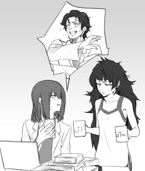 1boy 2girls blush book breasts commentary_request computer cup dual_wielding greyscale hiyajou_maho holding holding_cup laptop long_hair makise_kurisu messy_hair monochrome multiple_girls nervous_sweating official_alternate_hair_length official_alternate_hairstyle okabe_rintarou open_mouth outstretched_crossed_arms science_adventure short_hair small_breasts smile steins;gate steins;gate:_the_committee_of_antimatter steins;gate_0 sweat tank_top tetsu10ru very_long_hair