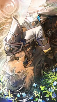 1boy absurdres antenna_hair armor black_choker black_gloves blue_flower choker day different_reflection fingerless_gloves flower gloves grey_eyes grey_hair hair_between_eyes highres honkai:_star_rail honkai_(series) jacket leaf long_sleeves lying male_focus neck_tattoo on_side open_mouth paddle phainon_(honkai:_star_rail) reflection sad short_hair shoulder_armor smile solo sun_symbol tattoo tearing_up teeth totomong white_jacket