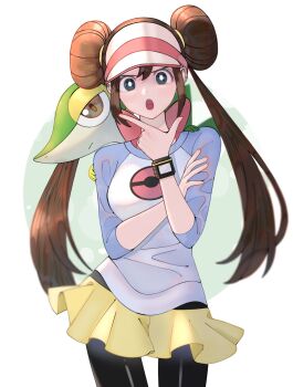 1girl bow bright_pupils brown_hair donut_hair_bun double_bun gen_5_pokemon hair_bun highres kana_(kanna_runa0620) long_hair looking_at_viewer nintendo open_mouth pantyhose pantyhose_under_shorts pink_bow pokemon pokemon_(creature) pokemon_bw2 pokemon_masters_ex rosa_(pokemon) shirt shorts snivy twintails visor_cap white_pupils yellow_shorts