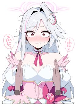 1girl 1other absurdres bare_shoulders blue_archive blush breasts collarbone commentary_request crescent crescent_hair_ornament disembodied_hand grey_hair hair_ornament halo highres himiya_jouzu long_hair looking_at_viewer medium_breasts mole mole_under_eye official_alternate_costume red_eyes simple_background solo_focus suzumi_(blue_archive) suzumi_(magical)_(blue_archive) upper_body white_background white_halo