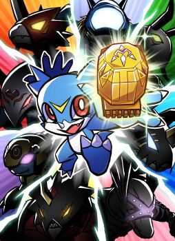 alternate_form armor crests_(digimon) depthmon digimental digimental_of_miracles digimon digimon_(creature) dragon evolution fangs fladramon gargomon glowing glowing_eyes highres honeybeemon horns jumping kangarumon lighdramon mask red_eyes sagittarimon sethmon shaded_face sharp_teeth smile teeth v-mon wings yaksamon