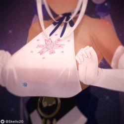 1girl adjusting_clothes adunba_rell animated bare_shoulders blonde_hair bouncing_breasts breast_focus breasts close-up dark-skinned_female dark_skin dress elbow_gloves gigantic_breasts gloves hair_bobbles hair_ornament head_out_of_frame highres hololive hololive_english long_hair low_twintails sideboob skello solo space star_(sky) star_(symbol) starry_background tsukumo_sana twintails virtual_youtuber video white_dress