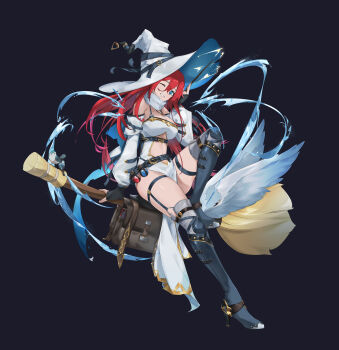 1girl absurdres bag bare_shoulders belt bird black_background black_gloves blue_eyes boots breasts broom broom_riding cleavage commentary_request detached_sleeves electricity female_focus fingerless_gloves full_body gloves gold_trim hair_between_eyes high_heel_boots high_heels highleg highleg_leotard highres holding holding_wand jewelry large_hat leg_up leotard loincloth long_hair medium_breasts necklace o-ring one_eye_closed open_mouth original over-kneehighs potion red_hair simple_background solo sparkle teeth thigh_strap thighhighs transparent_background wand white_leotard witch wuhumihu