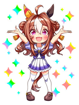 1girl ahoge animal_ears arms_up blush bow bowtie breasts brown_hair chibi chibi_only collarbone commentary_request copano_rickey_(umamusume) double_bun ear_covers fang full_body hair_between_eyes hair_bun hair_ornament highres horse_ears horse_girl horse_tail long_hair looking_at_viewer mismatched_ear_covers multicolored_hair open_mouth pleated_skirt puffy_short_sleeves puffy_sleeves purple_bow purple_bowtie purple_eyes purple_shirt sailor_collar sailor_shirt school_uniform shirt shoes short_sleeves skirt smile solo sugimotty_nova tail tassel tassel_hair_ornament thighhighs tracen_school_uniform umamusume white_hair white_sailor_collar white_skirt white_thighhighs zettai_ryouiki