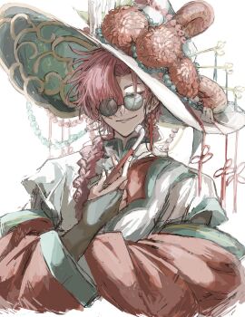 1boy braid bridal_gauntlets chinese_clothes earrings flower glasses hair_over_one_eye hat hat_flower hat_ornament highres holding holding_smoking_pipe jewelry kaki_jam03 kiseru long_hair long_sleeves looking_at_viewer male_focus pink_hair red_hair round_eyewear shiguang_dailiren simple_background single_braid smile smoking_pipe solo sunglasses tassel tinted_eyewear upper_body white_background witch_hat xiao_weiying
