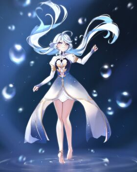 1girl air_bubble barefoot blue_dress blue_eyes blue_hair bubble closed_mouth commentary double-parted_bangs dress english_commentary floating_hair focalors_(genshin_impact) full_body genshin_impact gradient_clothes gradient_dress hair_between_eyes highres long_hair long_sleeves looking_up mismatched_pupils ripples riria_mona1 smile solo standing standing_on_liquid toes water white_dress