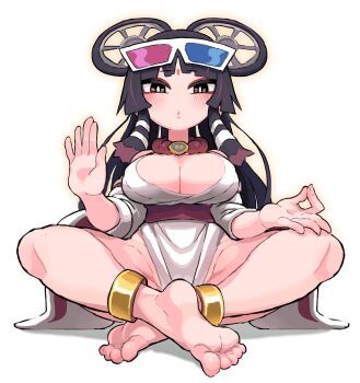 1girl 3d_glasses anklet barefoot bindi black_eyes black_hair blunt_bangs blush breasts bright_pupils cleavage commentary_request detached_sleeves eiga_daimyoujin eyewear_on_head film_reel full_body gashi-gashi hair_tubes half-closed_eyes hand_up headgear highres hime_cut indian_style jewelry large_breasts long_hair looking_at_viewer mudra original pelvic_curtain red_sash robe sash sidelocks simple_background sitting sleeveless solo vitarka_mudra white_background white_pupils white_robe wide_sleeves