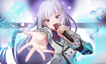 Rule 34 | 1girl, blue eyes, blue hair, bow, bowtie, commentary request, hair ornament, hairclip, highres, holding, holding microphone, idolmaster, idolmaster million live!, idolmaster million live! theater days, jacket, long hair, long sleeves, looking at viewer, microphone, music, official alternate costume, open mouth, outstretched arm, outstretched hand, reaching, reaching towards viewer, sekine hajime, shiraishi tsumugi, singing, solo, starting bloom (idolmaster), striped bow, striped bowtie, striped clothes, upper body, white jacket