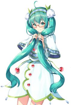1girl absurdres ahoge aqua_eyes aqua_hair bespectacled blush bubble_skirt capelet closed_mouth comaya commentary dress english_commentary flower glasses hair_between_eyes hair_flower hair_ornament hatsune_miku highres holding holding_own_hair leaf lily_of_the_valley long_hair long_sleeves looking_at_viewer official_alternate_costume official_alternate_hairstyle red-framed_eyewear simple_background skirt snowflake_print solo twintails very_long_hair vocaloid white_background white_capelet white_dress yuki_miku yuki_miku_(2015)