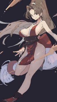 1girl black_hair black_sash breasts brown_eyes brown_hair cleavage commentary dress full_body highres large_breasts long_hair looking_at_viewer motoyui obi ooiwa_(irc14786149) pelvic_curtain ponytail red_dress revealing_clothes sash shiranui_mai simple_background smile solo street_fighter