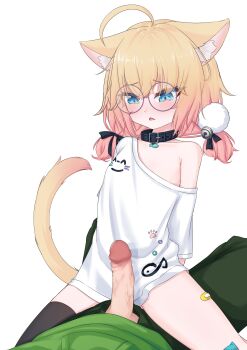 1boy 1girl absurdres ahoge animal_ear_fluff animal_ears asymmetrical_legwear bandaid bandaid_on_leg bell black_collar blonde_hair blue_eyes blush cat_ears cat_girl cat_tail collar eyebrows glasses gradient_hair hair_bell hair_ornament highres indie_virtual_youtuber loli low_twintails lying minikomew mismatched_legwear multicolored_hair open_mouth oversized_clothes oversized_shirt penis pink_hair pom_pom_(clothes) pom_pom_hair_ornament pov ritspi shirt simple_background single_thighhigh straddling t-shirt tail thighhighs twintails uncensored vedal987 virtual_youtuber white_background white_shirt