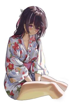 1girl absurdres alternate_costume asymmetrical_sidelocks azki_(hololive) between_legs black_hair blush braid closed_mouth colored_inner_hair commentary_request cropped_legs double-parted_bangs floral_print floral_print_kimono hair_ornament hairclip half_up_half_down_braid hand_between_legs highres hololive japanese_clothes kimono long_hair looking_at_viewer mole mole_under_eye multicolored_hair obi pink_hair pink_sash print_kimono purple_eyes sash sidelocks simple_background sitting smile solo streaked_hair three-quarter_sleeves tokiyanagi very_long_hair virtual_youtuber white_background white_hair white_kimono wide_sleeves yukata