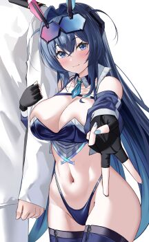 1boy 1girl :3 azur_lane bare_shoulders blue_eyes blue_hair blue_nails blue_panties blue_shrug blue_thighhighs blush breasts chest_strap cleavage closed_mouth commander_(azur_lane) detached_collar eyewear_on_head fingerless_gloves gloves highres large_breasts long_hair looking_at_viewer navel necktie new_jersey_(azur_lane) new_jersey_(black_blur_prelude)_(azur_lane) official_alternate_costume outstretched_hand panties race_flag race_queen revision short_necktie shrug_(clothing) thighhighs underwear v very_long_hair wynnblue