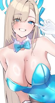 1girl animal_ears aqua_leotard asuna_(blue_archive) asuna_(bunny)_(blue_archive) blonde_hair blue_archive blue_eyes blue_leotard bow bowtie breasts brown_pantyhose detached_collar fake_animal_ears gloves hair_over_one_eye halo highres large_breasts leotard long_hair looking_at_viewer mole mole_on_breast nakano_kura official_alternate_costume pantyhose playboy_bunny rabbit_ears smile strapless strapless_leotard traditional_bowtie upper_body white_background white_gloves