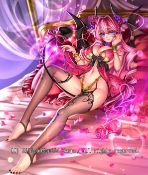 1girl armlet babydoll bed black_bow black_nails blue_eyes blush bow bracelet breasts camisole character_request chemise cleavage clothing_cutout demon_girl demon_horns demon_tail demon_wings female_focus flower garter_straps gyakushuu_no_fantasica hair_between_eyes hair_flower hair_intakes hair_ornament heart heart_cutout highleg highres horns jewelry large_breasts lifting_own_clothes lingerie long_hair long_nails looking_at_viewer lying nail_polish navel on_back on_bed petals pillow pink_hair revealing_clothes rose ryuki@maguro-ex sideboob smile solo tail tail_bow tail_ornament text_focus thighhighs thighs toeless_legwear toenail_polish toenails toes underwear very_long_hair waifu2x wings