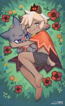 1boy :3 absurdres animal_ears barefoot bell bilingual_commentary black_shorts cape character_request chinese_commentary closed_mouth commentary crown cult_of_the_lamb dark-skinned_male dark_skin english_commentary flower grey_eyes highres horizontal_pupils horns hug jingle_bell looking_at_viewer male_focus mixed-language_commentary neck_bell omurice_(roza4957) on_grass red_cape short_hair short_shorts shorts soles tail toes watermark web_address white_hair