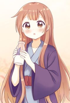 1girl :o absurdres bathrobe blue_kimono bottle brown_hair highres holding holding_bottle honzoumiz japanese_clothes kimono long_hair looking_at_viewer milk milk_bottle oomuro-ke oomuro_hanako simple_background solo upper_body wide_sleeves yuruyuri