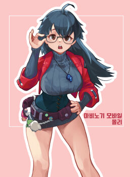 1girl absurdres ahoge belt belt_charm black-framed_eyewear blue_gemstone blue_hair blue_sweater bralines breasts brown_eyes charm_(object) commentary double-parted_bangs dress feet_out_of_frame gem glasses hand_on_own_hip hand_up highres jacket jewelry korean_text large_breasts long_hair long_sleeves looking_at_viewer mabinogi molly_(mabinogi) nariabunz necklace open_clothes open_jacket open_mouth outline pink_background purple_belt red_jacket ribbed_sweater semi-rimless_eyewear solo standing straight-on sweater sweater_dress translation_request turtleneck turtleneck_sweater white_outline