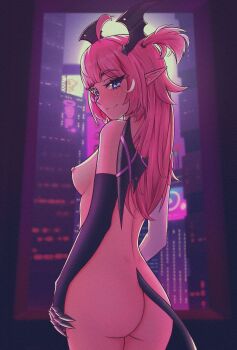 :3 ass black_gloves blurry blurry_background breasts camila_(vtuber) closed_mouth completely_nude demon_girl demon_tail demon_wings elbow_gloves facepaint facial_mark film_grain from_behind gloves hair_ornament hashtag-only_commentary head_wings heart heart_facial_mark highres indoors long_hair looking_at_viewer looking_back medium_breasts metal_gloves night nipples nude pink_hair pointy_ears purple_eyes smug tail two_side_up white_gloves wings woofwoof2