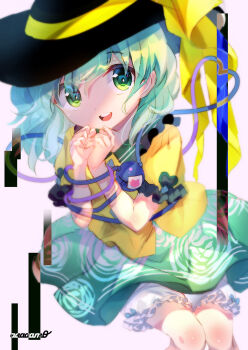 absurdres amo_(shibu3) black_hat bloomers bound bound_wrists collar feet_out_of_frame floral_print floral_print_skirt frilled_sleeves frills green_collar green_eyes green_skirt hat highres knees komeiji_koishi medium_hair negative print_skirt ribbon shirt short_sleeves skirt smile sticker third_eye touhou underwear white_background yellow_ribbon yellow_shirt