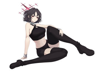 1girl absurdres blue_archive boots breasts criss-cross_halter full_body halo halterneck highres mariko_y7 misaki_(blue_archive) misaki_(zozotown)_(blue_archive) navel official_alternate_costume official_alternate_hairstyle red_halo simple_background solo thigh_boots white_background zozotown