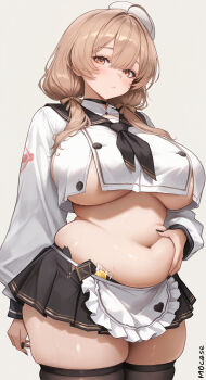 1girl absurdres ahoge ai-assisted apron belly black_nails black_skirt bready_(nikke) breasts brown_eyes brown_hair brown_neckerchief brown_ribbon candy commentary cowboy_shot cropped_shirt fat fat_woman food goddess_of_victory:_nikke hair_ribbon hand_on_own_stomach hat highres large_breasts lollipop long_hair long_sleeves looking_at_viewer low_twintails miniskirt mocase nail_polish navel neckerchief ok_sign patissier plump popped_button ribbon shirt sideboob sidelocks signature simple_background skirt solo stomach straight_hair twintails underboob waist_apron white_background white_hat white_shirt
