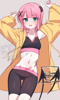 2girls absurdres arms_up bike_shorts black_sports_bra blush breasts chiyoda_momo coat collarbone commentary_request cowboy_shot demon_tail green_eyes grey_background hair_ornament highres machikado_mazoku multiple_girls navel open_mouth out_of_frame pink_hair shimeji_wyvern simple_background small_breasts solo_focus sports_bra stomach sweatdrop tail tail_wagging watermark x_hair_ornament yellow_coat yoshida_yuuko