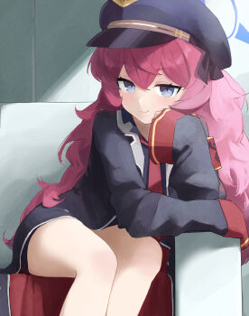 1girl artist_request bare_legs blue_archive blue_eyes coat couch hair_ornament halo hat head_rest highres indoors iroha_(blue_archive) legs long_hair looking_at_viewer military_hat military_uniform miniskirt oversized_clothes peaked_cap petite red_hair sitting skirt slit_pupils smile static thighs very_long_hair wavy_hair
