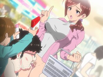 1girl 2boys animated animated_gif basket blue_eyes blurry bottomless breasts brown_hair depth_of_field female_pubic_hair grey_shirt imminent_rape jacket jewelry large_breasts licking licking_nipple mature_female mature_male medium_hair midriff molestation mother_and_son multiple_boys navel nighthawk_(circle) nipple_stimulation no_panties pink_jacket ponytail pubic_hair public_indecency pussy ring shirt stomach tagme time_stop ugly_bastard wedding_band