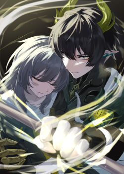 1boy 1girl absurdres arm_around_back black_background black_hair black_jacket black_shirt blood blood_from_mouth blood_on_face closed_eyes closed_mouth commentary_request dan_heng_(honkai:_star_rail) dan_heng_(permansor_terrae)_(honkai:_star_rail) dragon_boy dragon_horns energy eye_trail eyeliner grey_hair highres holding holding_polearm holding_weapon honkai:_star_rail honkai_(series) horns injury jacket light_trail looking_at_viewer makeup parted_lips pointy_ears polearm red_eyeliner shirt simple_background stelle_(honkai:_star_rail) trailblazer_(honkai:_star_rail) wdye4532 weapon white_shirt