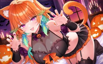1girl alternate_costume animal_ear_fluff animal_ears artist_name bat_(animal) black_thighhighs breasts candle candlestand cat_ears cat_girl cat_tail claw_pose cleavage earrings feather_earrings feathers frilled_skirt frills green_hair halloween halloween_costume highres hololive hololive_english jack-o&#039;-lantern jewelry lace lace-trimmed_thighhighs lace_trim large_breasts long_hair looking_at_viewer masshiromelon multicolored_hair multicolored_nails open_mouth orange_hair pantyhose pumpkin purple_eyes ribbon skirt smile solo tail takanashi_kiara thighhighs two-tone_hair virtual_youtuber