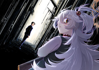 1boy 1girl absurdres alley aqua_dress arm_at_side black_eyes black_hair black_pants black_suit blue_archive blush bright_pupils closed_mouth commentary_request cowboy_shot dress dutch_angle eyeball_hair_ornament eyelashes eyes_visible_through_hair formal_clothes from_behind frown full_body grey_hair hair_between_eyes halo highres kanoe_(blue_archive) long_hair long_sleeves looking_at_viewer looking_back multicolored_eyes nakamobu orange_eyes orange_halo outdoors pants pinafore_dress profile school_uniform sensei_(blue_archive) shirt short_hair sidelocks sleeveless sleeveless_dress smile spiked_hair standing suit two-tone_eyes two_side_up very_long_hair white_pupils white_shirt