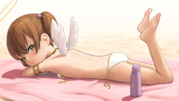 1girl angel armlet ass bare_back barefoot bikini bottle breasts brown_hair come_hither commission feathered_wings feet from_side green_eyes hair_bobbles hair_ornament halo highres jewelry kuroshiro00 legs legs_up loli looking_at_viewer lotion lying on_stomach original pixiv_commission seductive_smile sexually_suggestive short_hair small_breasts smile soles solo string_bikini sunscreen swimsuit the_pose thighs toes twintails untied_bikini white_bikini white_wings wings