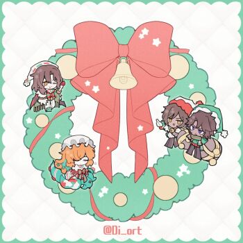 Rule 34 | 2boys, 2girls, bell, bow, bowtie, brown eyes, brown hair, christmas, christmas nightmare (e.g.o), christmas wreath, closed eyes, commentary request, diort, e.g.o (project moon), green hat, green scarf, gregor (project moon), hat, heathcliff (project moon), holding, holding sack, holiday (e.g.o), ishmael (project moon), jingle bell, limbus company, long hair, mini person, miniboy, minigirl, mob cap, multiple boys, multiple girls, one eye closed, open mouth, orange hair, outis (project moon), project moon, purple eyes, sack, santa hat, scarf, smile, striped bow, striped bowtie, striped clothes, tentacles, very long hair, white hat, wreath