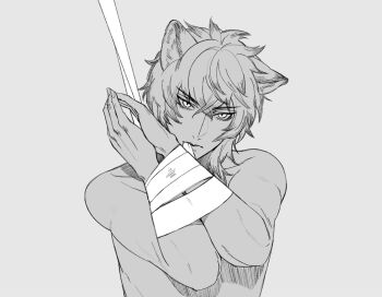 Rule 34 | 1boy, animal ears, ark1478, arknights, bishounen, bound, bound arms, bound wrists, closed mouth, commentary request, fingernails, grey background, greyscale, hair between eyes, highres, looking at viewer, male focus, monochrome, silverash (arknights), simple background, snow leopard boy, snow leopard ears, solo, topless male, upper body
