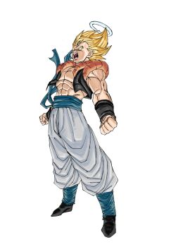 1boy absurdres black_vest blonde_hair blue_sash clenched_hands dragon_ball dragonball_z gogeta gomadang0417 green_eyes halo highres male_focus medium_hair metamoran_vest muscular muscular_male open_mouth pants powering_up sash simple_background solo spiked_hair super_saiyan super_saiyan_1 vest white_background white_pants