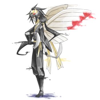 black_hair dual_wielding full_body gekka_kemono gen_3_pokemon holding holding_weapon long_hair mask mask_on_head mouth_mask ninja ninjask nintendo personification pokemon simple_background standing very_long_hair weapon white_background wide_sleeves wings