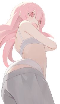 Rule 34 | 1girl, bra, commentary, grey pants, highres, hiroki (yyqw7151), long hair, looking at viewer, open mouth, original, panties, pants, pink eyes, pink hair, simple background, solo, underwear, white background, white bra, white panties