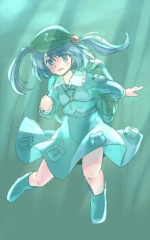 1girl backpack bag beads blue_boots blue_eyes blue_hair blue_shirt blue_skirt boots clenched_hand commentary_request floating_hair frilled_shirt_collar frills full_body green_bag green_hat hair_beads hair_ornament hat kawashiro_nitori key knees legs_apart light_rays medium_hair one-hour_drawing_challenge rangycrow rubber_boots shirt sideways_glance skirt skirt_pocket solo touhou twintails underwear