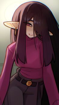 Rule 34 | 1girl, absurdres, belt, black hair, commentary, earrings, english commentary, eyes visible through hair, half-closed eyes, highres, jewelry, justadrian (yoadriandk), licorice (justadrian), long hair, long pointy ears, long sleeves, looking at viewer, one eye covered, original, pants, pointy ears, red eyes, shirt, smile, solo, turtleneck, turtleneck shirt, very long hair