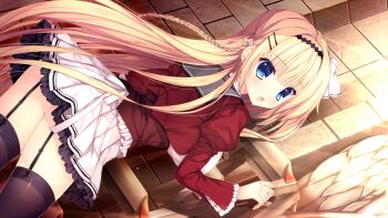 1girl :o black_thighhighs blonde_hair blue_eyes game_cg garter_straps hair_ornament hairband hairclip haruoto_alice_gram kuonji_kazuha_(harugura) long_hair looking_at_viewer mitha non-web_source open_mouth pleated_skirt puffy_sleeves skirt solo surprised thighhighs very_long_hair