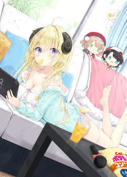 1girl ahoge animal_ears bag_of_chips bare_shoulders barefoot bendy_straw blonde_hair blue_jacket blush breasts camisole character_doll chips_(food) cleavage closed_mouth collarbone commentary_request couch cup curtains day doll drinking_glass drinking_straw feet food food_in_mouth hair_between_eyes hair_ornament hairclip highres holding hololive horns ice ice_cube indie_virtual_youtuber indoors jacket kouda_suzu large_breasts legs_up long_hair looking_at_viewer lying microphone mouth_hold nintendo_switch_2 off_shoulder on_couch on_stomach oozora_subaru oozora_subaru_(1st_costume) open_clothes open_jacket pillow pink_shorts potato_chips purple_eyes sheep_ears sheep_girl sheep_horns sheep_tail shigure_ui_(1st_costume)_(vtuber) shigure_ui_(vtuber) shorts skindentation smile soles table tail the_pose toes tsunomaki_watame tsunomaki_watame_(loungewear) very_long_hair virtual_youtuber white_camisole window