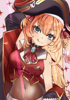 1girl :q akai_haato black_hat black_jacket black_leotard blonde_hair blue_eyes breasts cleavage closed_mouth cosplay covered_navel cropped_jacket hair_ribbon hat highres hololive houshou_marine houshou_marine_(1st_costume) houshou_marine_(cosplay) jacket leotard leotard_under_clothes long_hair medium_breasts navel pirate_hat red_jacket red_ribbon ribbon sleeveless sleeveless_jacket smile solo tongue tongue_out twintails very_long_hair virtual_youtuber wpotion