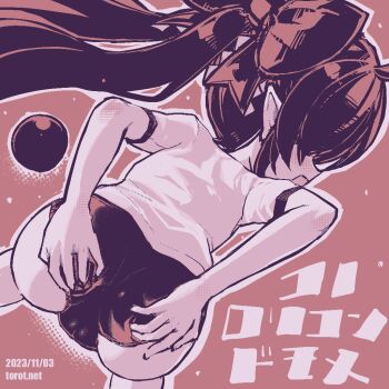 1girl ass backbeako_(torotei) backbeard bent_over blush buruma come_hither commentary dated dated_commentary dutch_angle feet_out_of_frame female_focus from_behind gegege_no_kitarou grabbing_own_ass gym_shirt hair_over_one_eye hair_ribbon hands_on_own_ass kono_lolicon_domome loli long_hair looking_to_the_side monochrome open_mouth original paid_reward_available pointy_ears red_background ribbon shirt short_sleeves simple_background solo torotei translated twintails watermark web_address