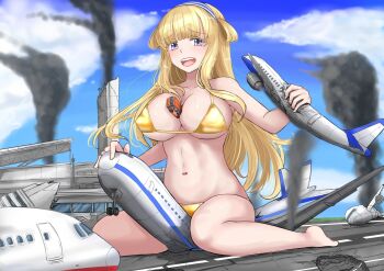 1girl aircraft airplane airport between_breasts bikini blonde_hair blue_sky breasts bus cleavage cloud commission destruction fletcher_(kancolle) full_body giant giantess gold_bikini grabbing hairband highres jet jet_airliner kantai_collection ken_(shutenndouji1) large_breasts long_hair looking_at_viewer micro_bikini motor_vehicle navel off_shoulder open_mouth outdoors pixiv_commission purple_eyes sitting sky smile solo straddling swimsuit teeth tongue underboob upper_teeth_only wariza