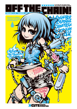 absurdly_detailed_composition aged_up arrow_hair_ornament arrow_symbol_hair_ornament blue_bow bow chain circled_9 cirno commentary_request decora detached_wings english_text engrish_text fairy fairy_wings gyaru highres ice ice_wings jewelry lock padlock profanity project.c.k. punk ranguage reitaisai ring rokku_gyaru tattoo thumb_ring touhou wings